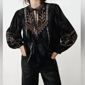 NWT! Zara Black Embroidered Beaded Jacquard Boho Peasant Tie-Front Blouse M